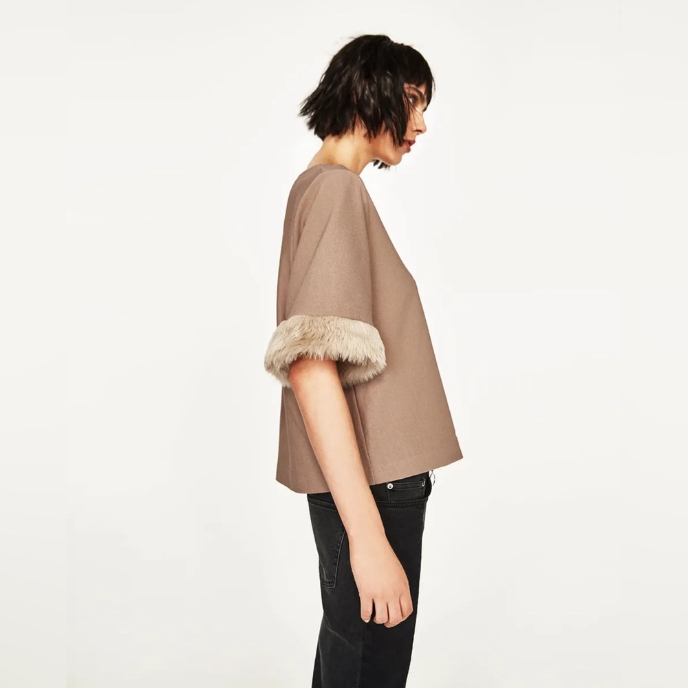 ZARA Mob Wife Faux Fur Sleeves Shirt Taupe Fancy Top